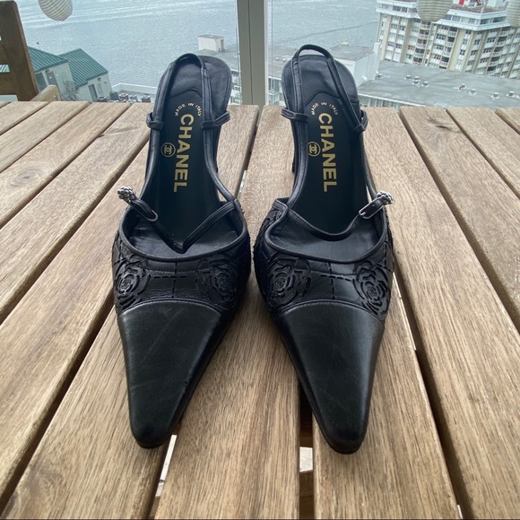 Chanel black 7 hight heels 8” slingback